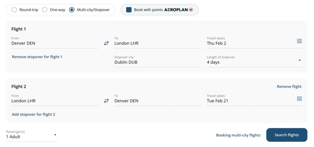 Screenshot of Air Canada redemption