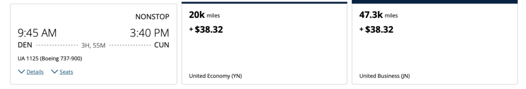Screenshot of United Miles needed for Cancun flight from Denver