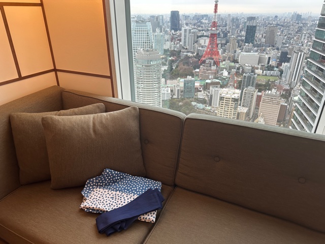 Blue pajamas on couch with view of large city.