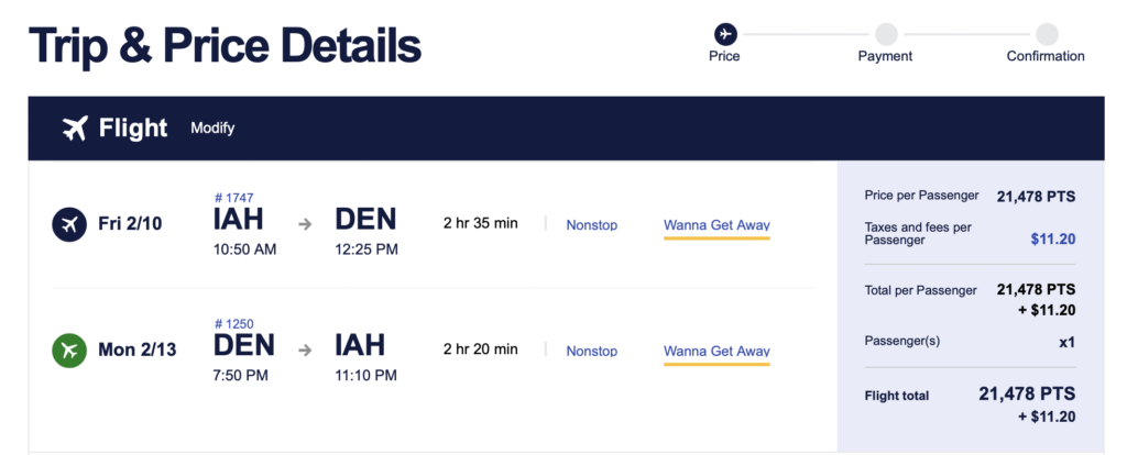 screenshot of Southwest options Houston-Denver