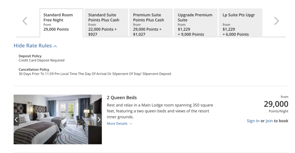 Screenshot Hyatt hotel in Vail, Colorado prices