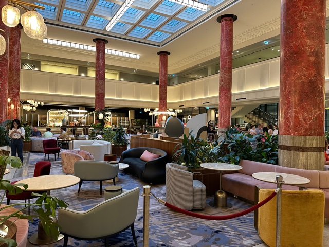 hotel lobby with pink posts