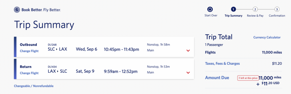 Delta award flight screenshot