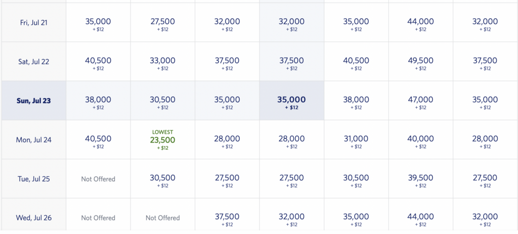 Screenshot Delta 30-day calendar for flights to NYC