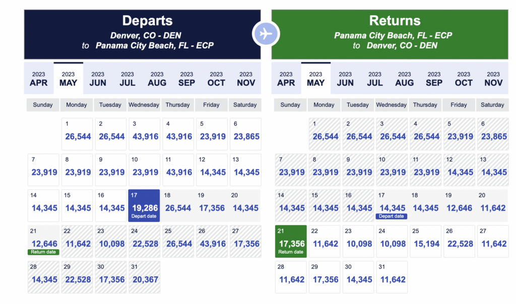 Southwest 30-day calendar