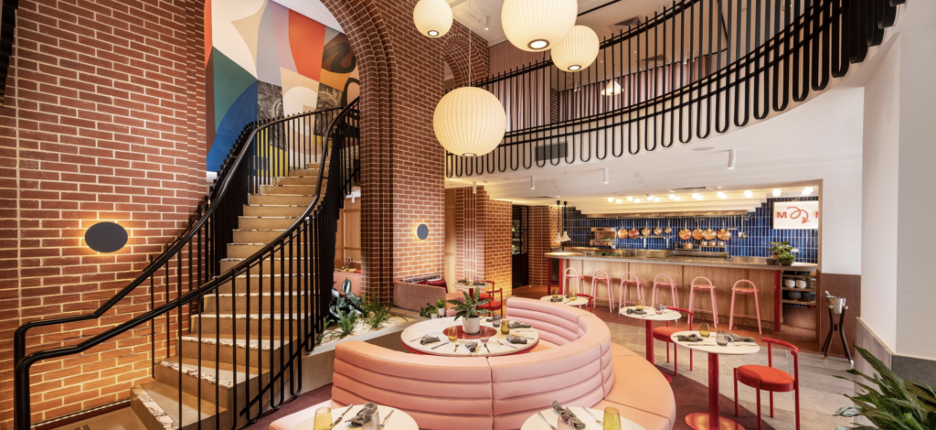 Hotel lobby in pink colors