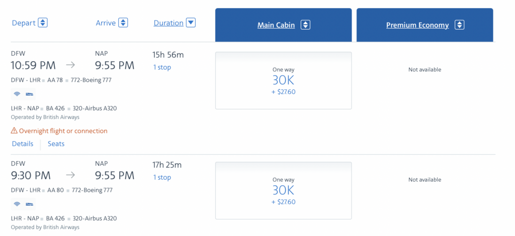 screenshot AA miles redemption to Naples, Italy from Dallas, Texas 