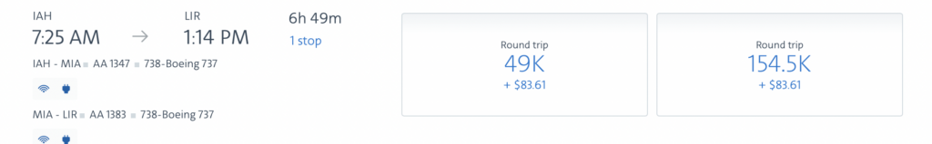 screenshot of AA flightsto Costa Rica from Dallas