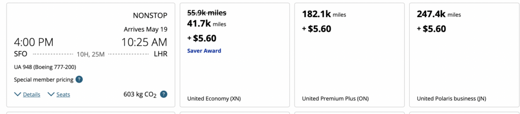Screenshot of United flights to London 
