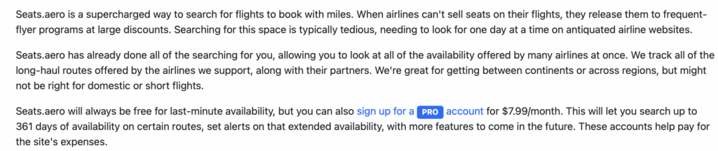 Screenshot of seats.aero about page