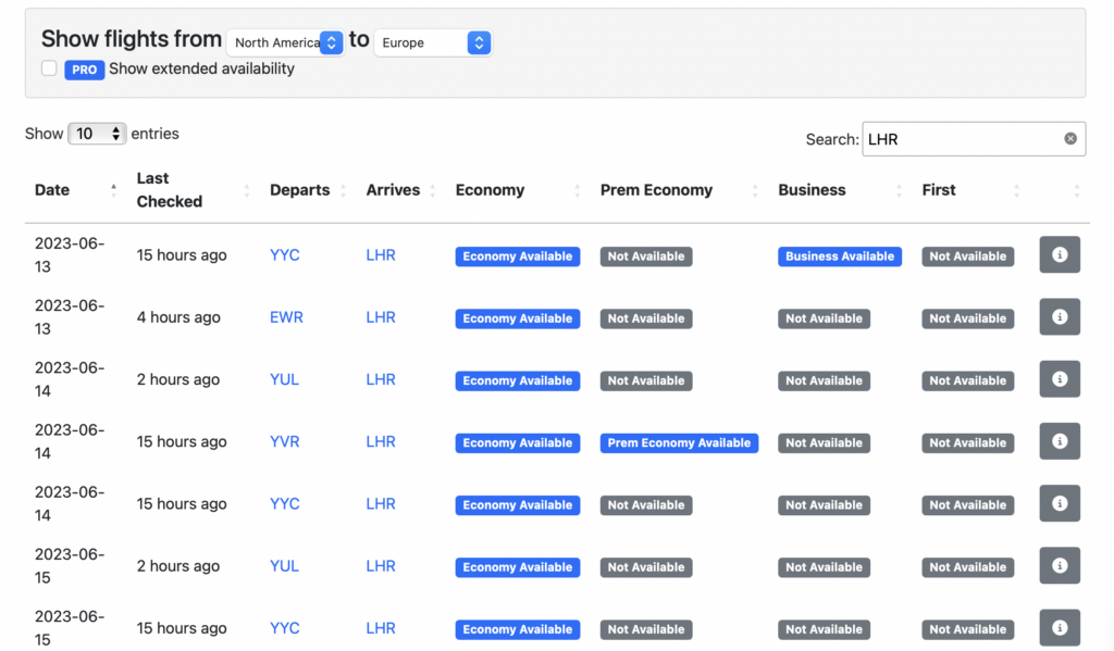Screenshot seats.aero site