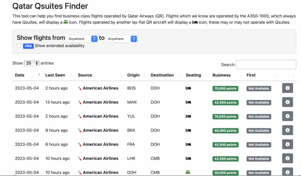 screenshot seats.aero site