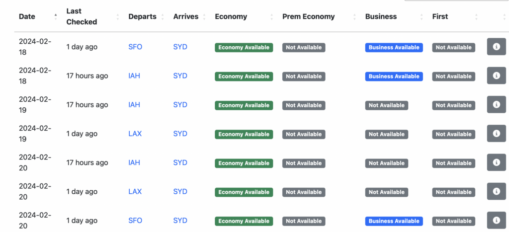 screenshot of seats.aero site