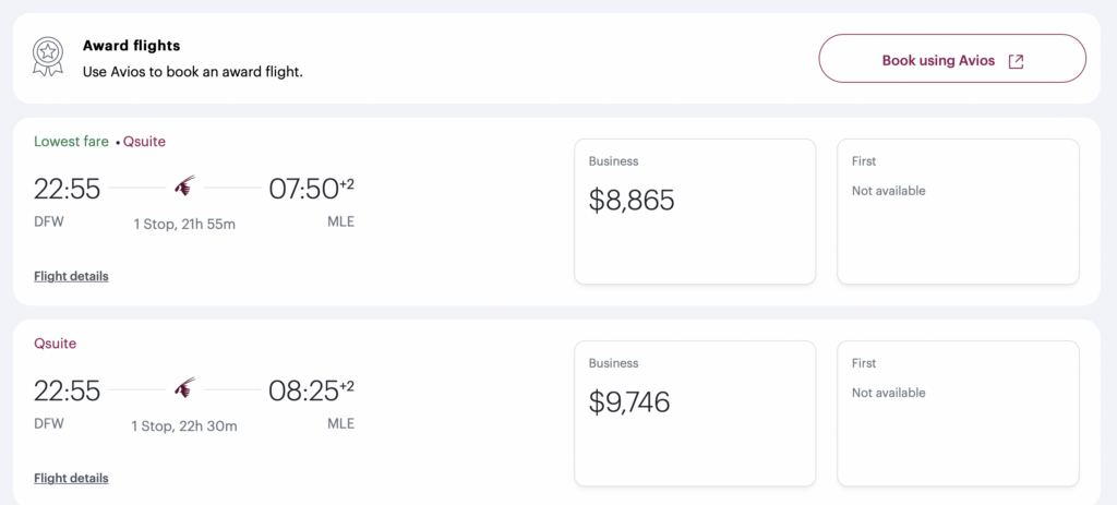 Screenshot Qatar Airlines search