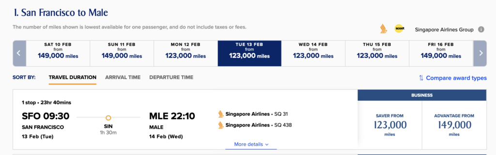 Screenshot Singapore award flights SFO-MLE