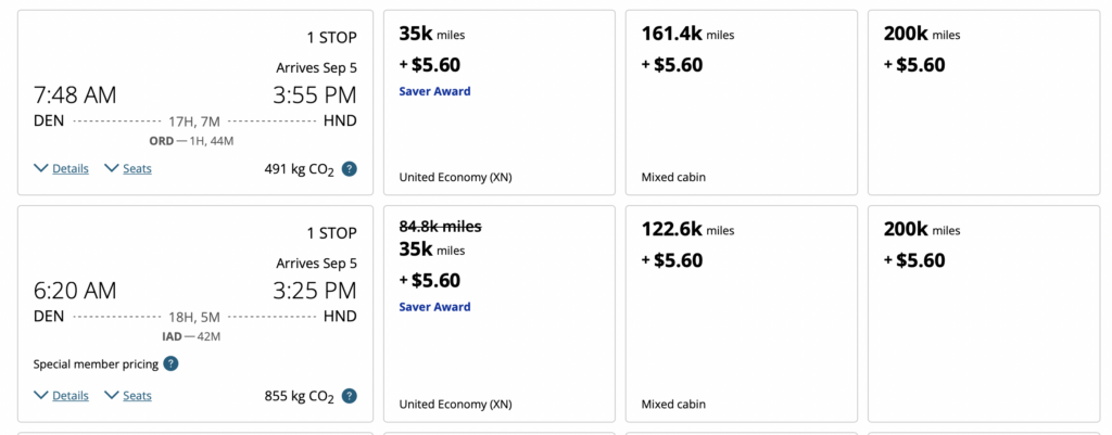 Screenshot United flights to Tokyo