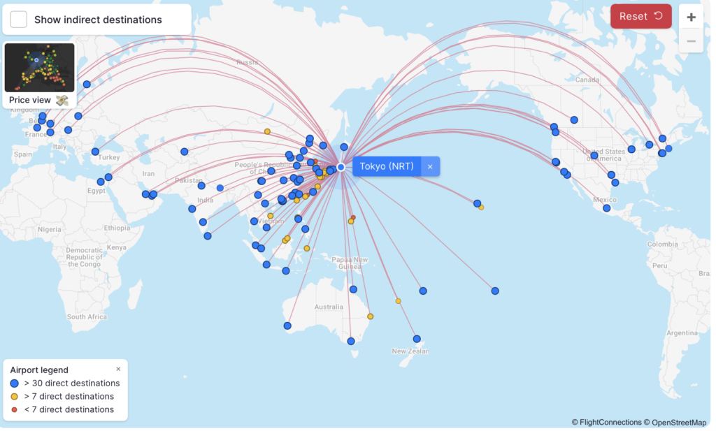 Screenshot Flight Connections direct lights to Tokyo