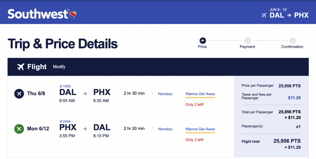 screenshot Southwest flights