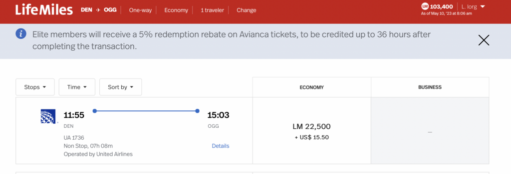 Screenshot LifeMiles flight to Hawaii