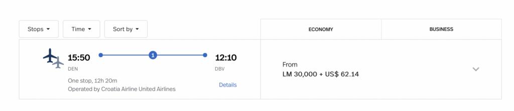 Screenshot of flights