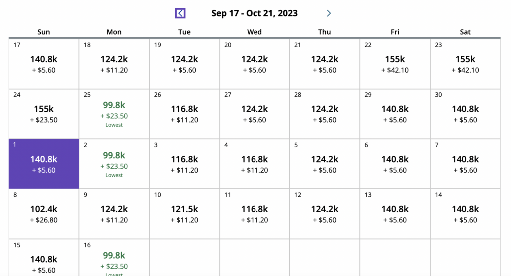 Screenshot of United 30 day calendar