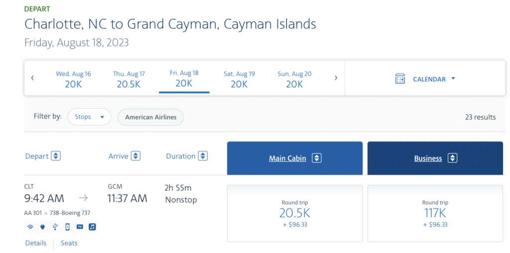 Screenshot of American Airlines flights.