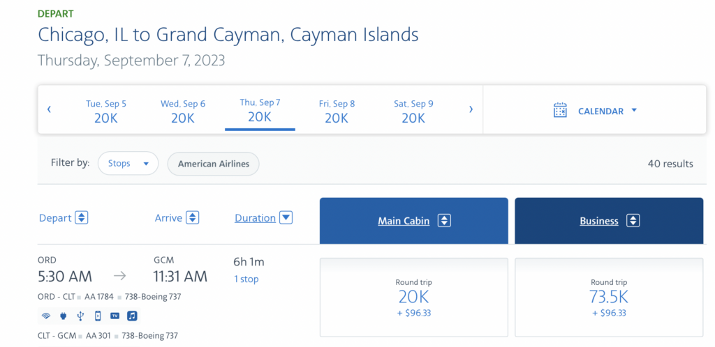 Screenshot AA flights