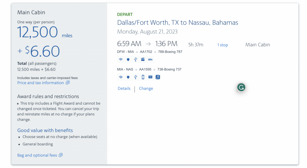 Screenshot of AA flight to Bahamas