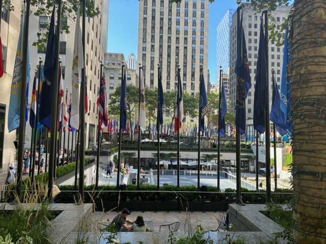 Area between skyscrapers with flags around perimeter.