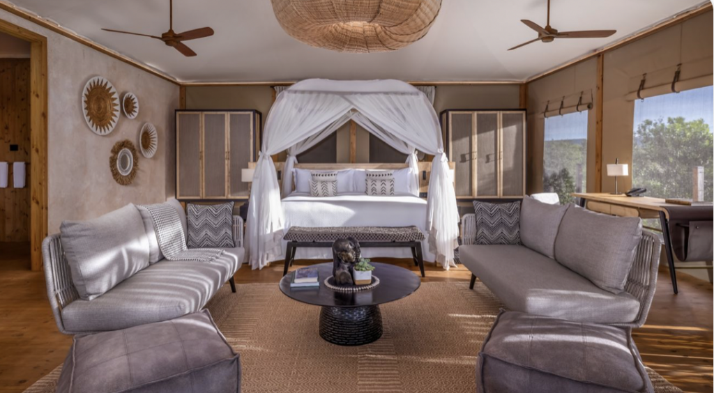 Luxury tent with bed and sofas