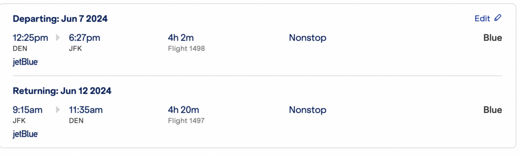 Screenshot of Jet Blue flight