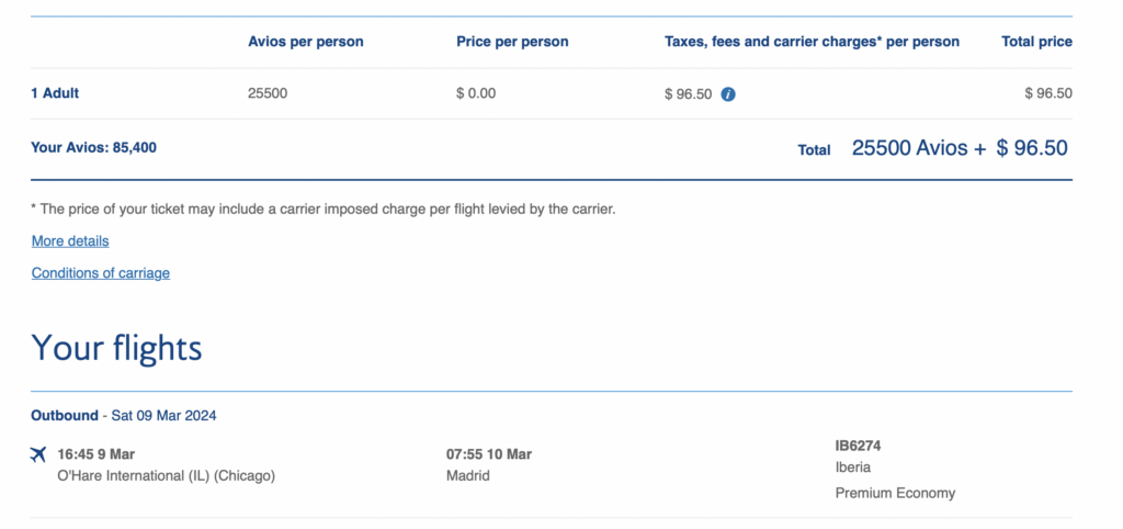 Screenshot of British Airways award flight using British Airways Avios