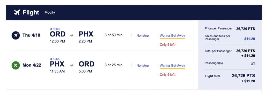 Screenshot Southwest award flight costs