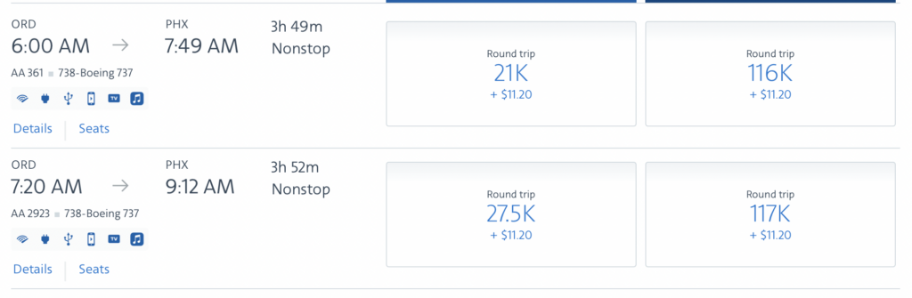 American Airlines award flight screenshot