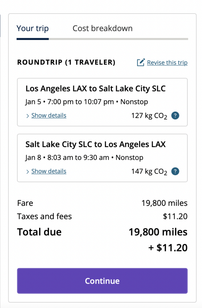 Screenshot United award flight