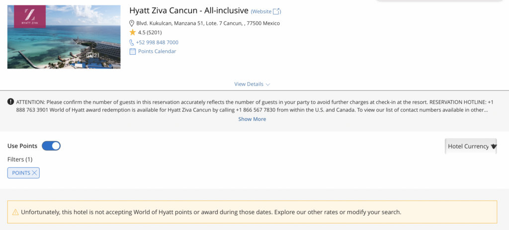 Screenshot for Hyatt hotel search