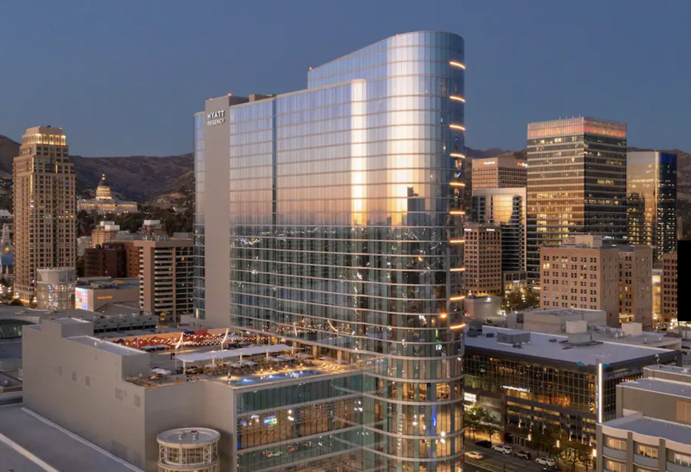 Tall skyscrapers in city center.