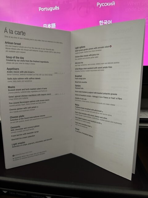 Menu on airplane