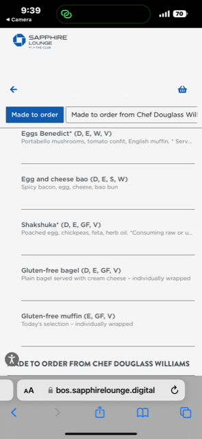 Screenshot food to order in Chase Sapphire Lounge Boston
