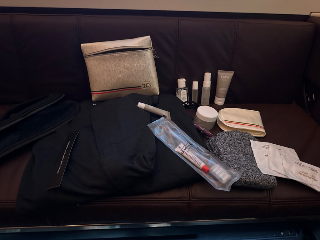 Pajamas and amenity contents on airplane