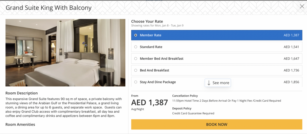 Screenshot of Hyatt hotel costs