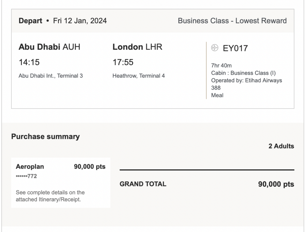 Screenshot Etihad redemption