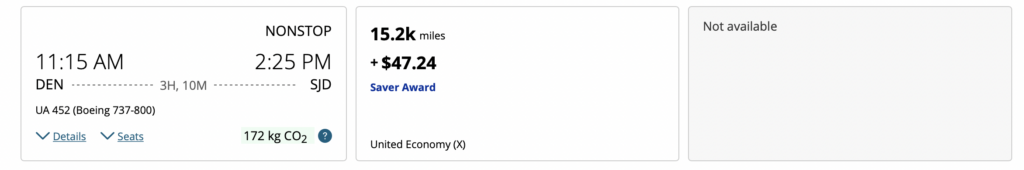 Screenshot award miles to Cabo