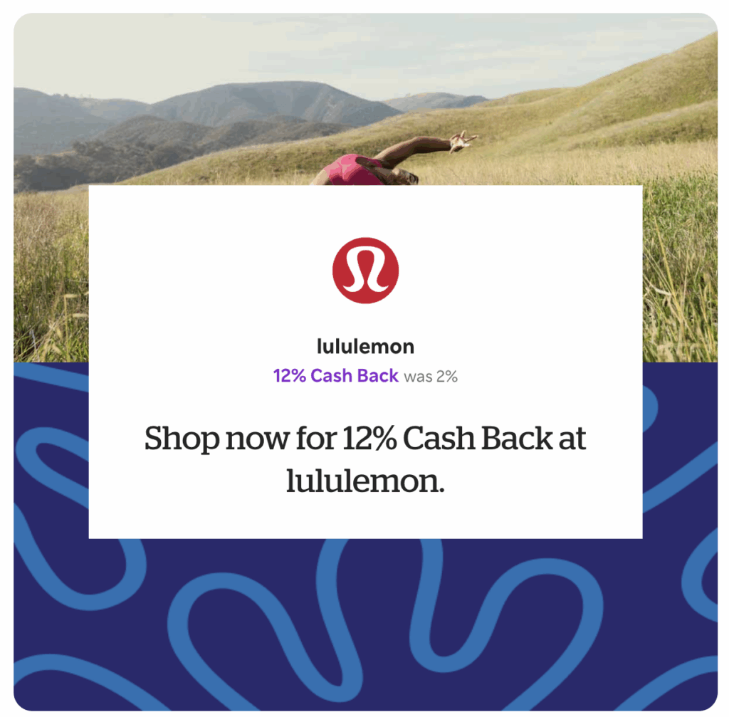 Rakuten page showing a successful click through to lululemon and that you will earn 12x points. 