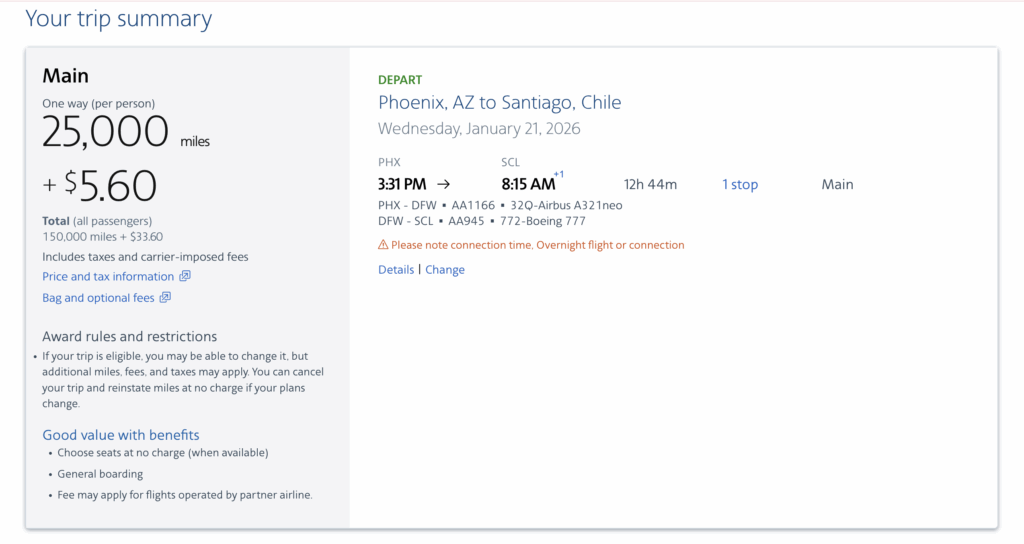 Award flight results showing availability for six seats