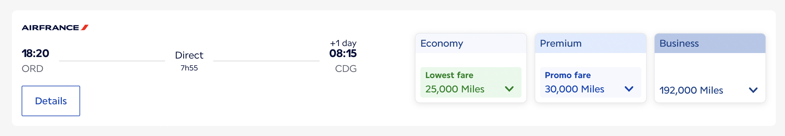 Award flight results for flight on Air France starting in Chicago and terminating in Paris.