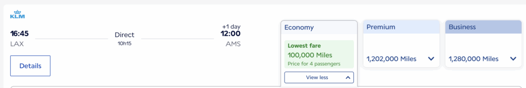 Award flight results for travel from LAX to AMS on Air France