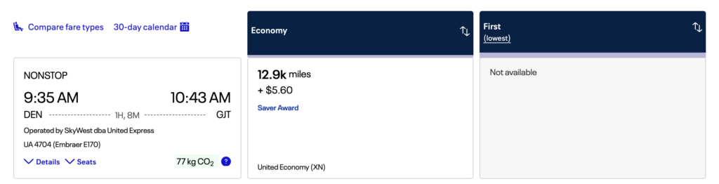 Award search results for a flight from DEN to GJT with United airlines MileagePlus miles. 