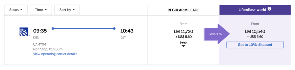 Award search results through Lifemiles for a flight from DEN to GJT
