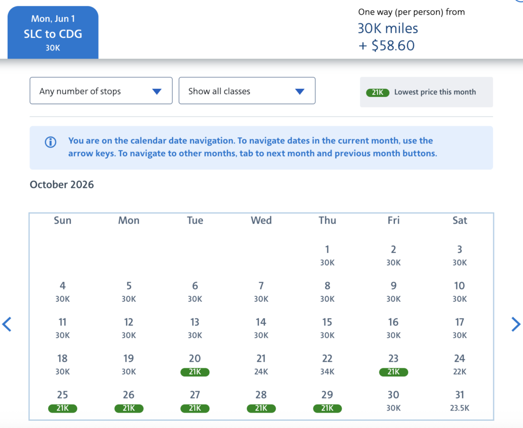Calendar view of American Airlines award availability to Paris